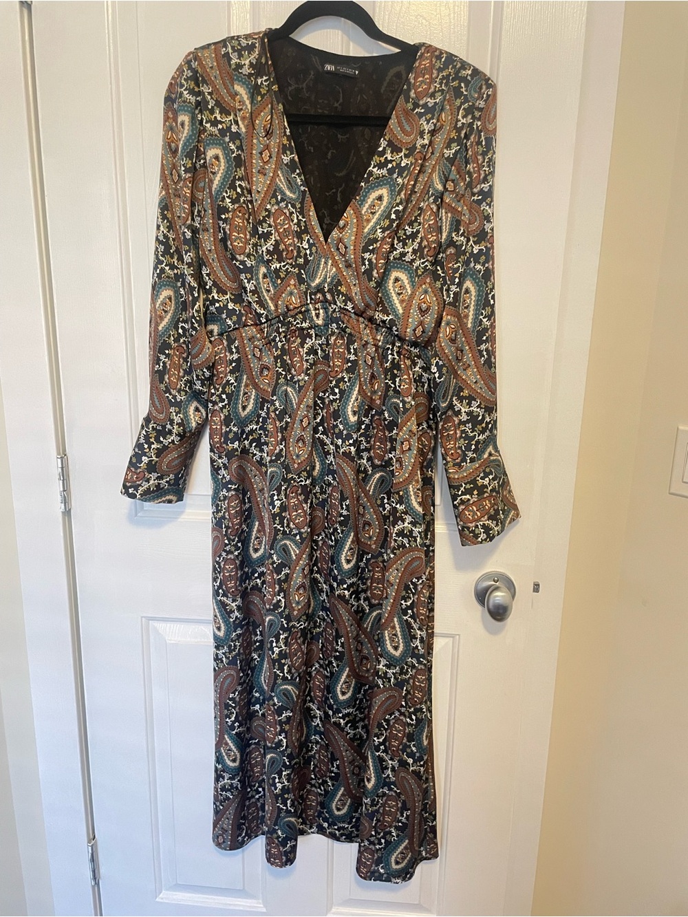 Zara Paisley Wrap-Style Long Sleeve Dress in Brown & Teal